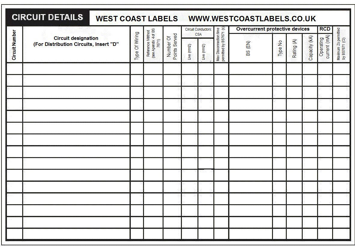 Circuit Details LARGE White 148mm x 102mm. fuse box label template 